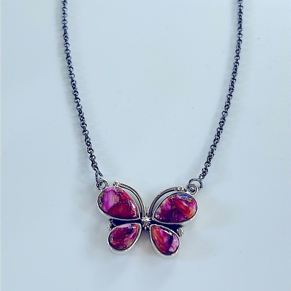 925 Sterling Silver Pink Dahlia Butterfly Southwest Style Pendant Necklace